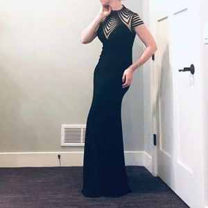 Black/nude floor length Betsy Adam evening gown
